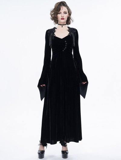 Eva Lady Black Vintage Gothic V-Neck Velvet Long Sleeve Party Dress