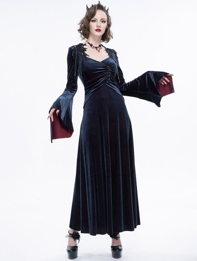 Eva Lady Dark Blue Vintage Gothic V-Neck Velvet Long Sleeve Party Dress