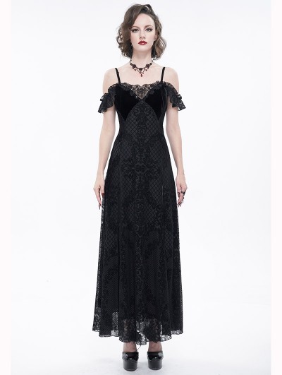 Eva Lady Black Vintage Gothic Sexy Off-the-Shoulder Lace Slit Long Party Dress