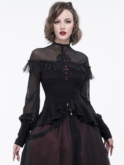 Eva Lady Black Gothic Lace Applique Beading Long Sleeve Shirt for Women