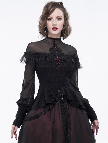 Eva Lady Black Gothic Lace Applique Beading Long Sleeve Shirt for Women ...
