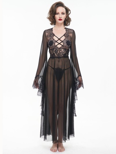 Eva Lady Black Gothic Sexy Hollow Out Transparent Lace Long Dress with G-String