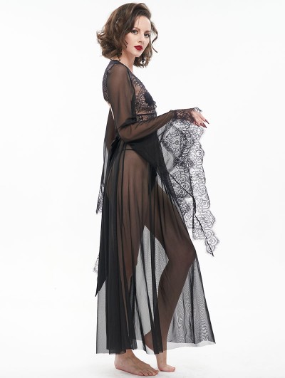 Eva Lady Black Gothic Sexy Hollow Out Transparent Lace Long Dress with  G-String - DarkinCloset.com