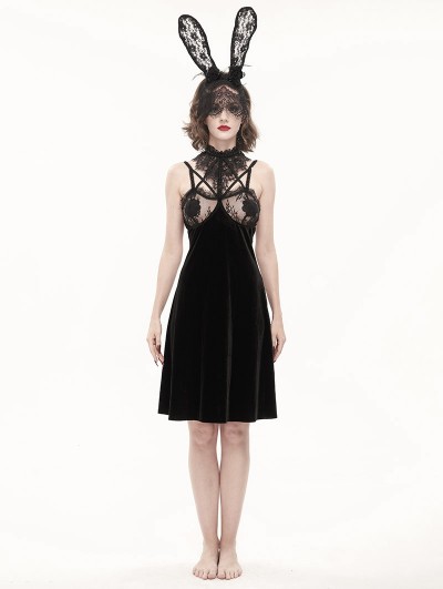 Eva Lady Black Gothic Sexy Velvet Lace Transparent High Slit Sleeveless Short Dress