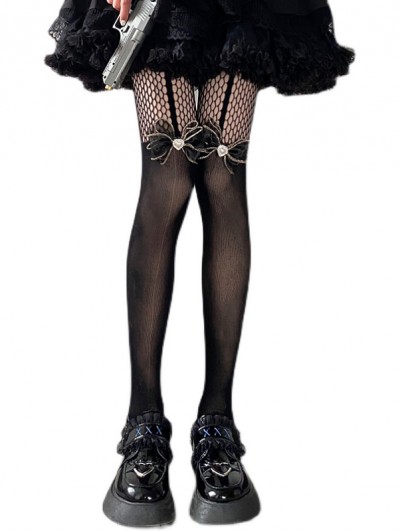 Black Gothic Lolita Bowknot Fishnet Tights