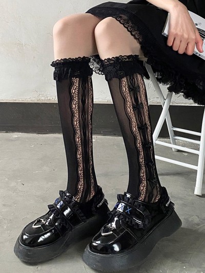 タイツ・ソックス Nodress Black Bownot Black Lace Mid-Calf Socks Nodress Black Bownot Black Lace Mid-Calf Socks – Nφdress