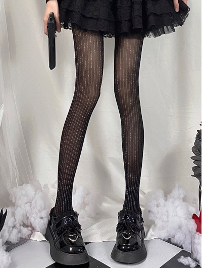 Black Gothic Punk Sexy Vertical Striped Shiny Tights