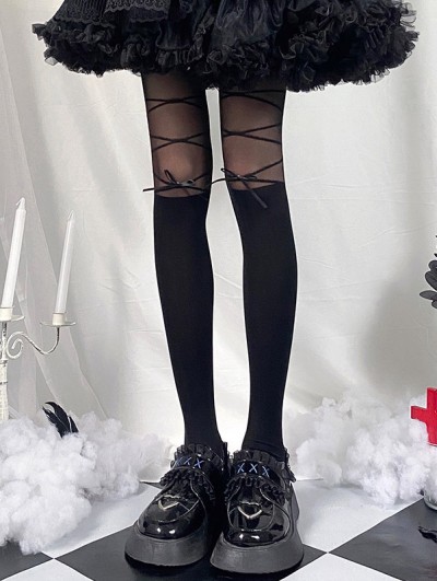 Black Gothic Lolita Bowknot Fake Lace Up Tights