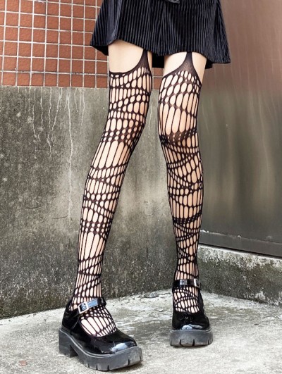 Black Gothic Punk Sexy Garter Fishnet Thigh High Tights