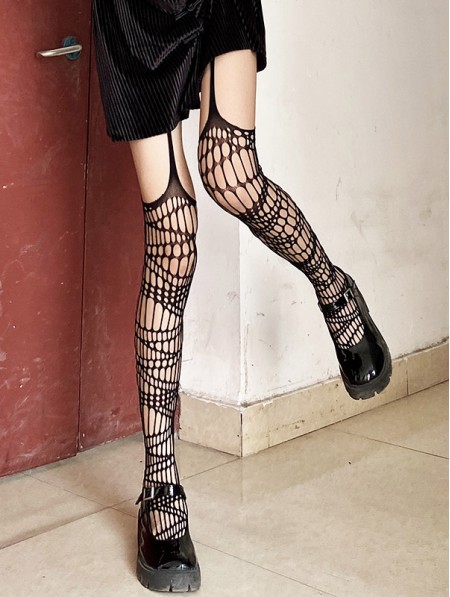 Black Gothic Punk Sexy Garter Fishnet Thigh High Tights - DarkinCloset.com