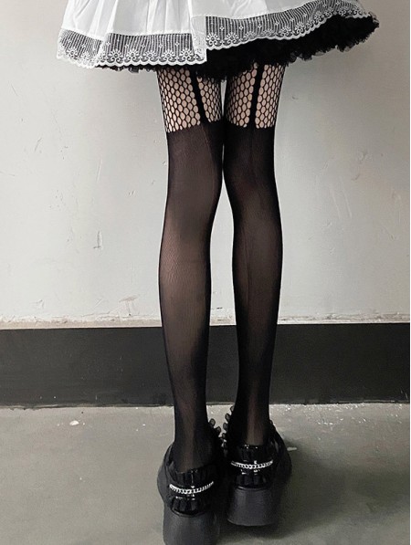 Black Gothic Punk Stitching Fishnet Thigh High Tights - DarkinCloset.com