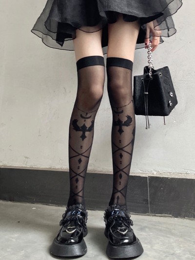 Black Gothic Dark Cross Lolita Stay-Up Thigh High Socks - DarkinCloset.com