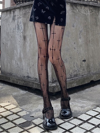 Black Gothic Punk Hot Girl Fashion Cross Fishnet Tights 