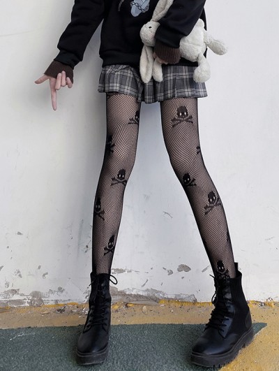 Black Gothic Dark Skull Sexy Hollow Fishnet Tights