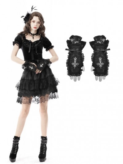 Dark in Love Black Gothic Lolita Cross Lace Short Gloves for Women
