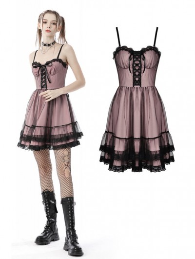 Dark in Love Pink and Black Gothic Cool Mesh Sleeveless Short Doll Dress