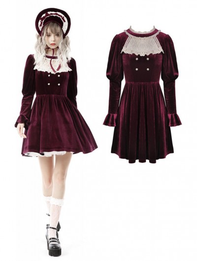 Dark in Love Wine Red Gothic Retro Court Velvet Long Sleeve Short Dress