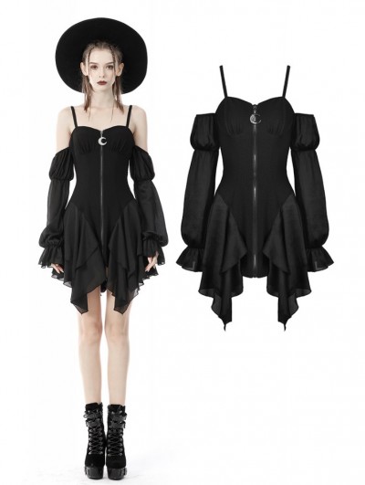 Dark in Love Black Gothic Moon Sexy Off-the-Shoulder Long Sleeve Short Dress