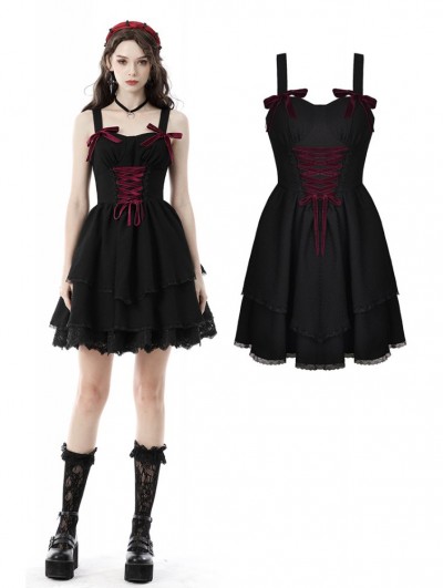 Dark in Love Black and Wine Red Cute Gothic Doll Mesh Short Daily Wear Dress