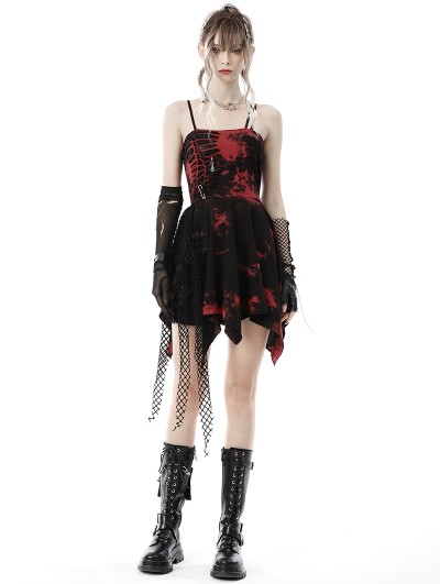 Dark in Love Black and Red Gothic Punk Rock Dye Asymmetric Strap Short Dress