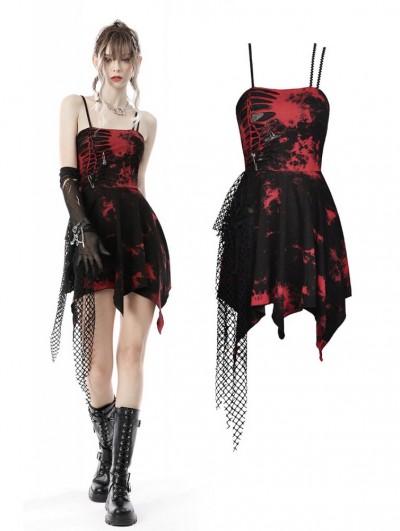 Dark in Love Black and Red Gothic Punk Rock Dye Asymmetric Strap Short Dress