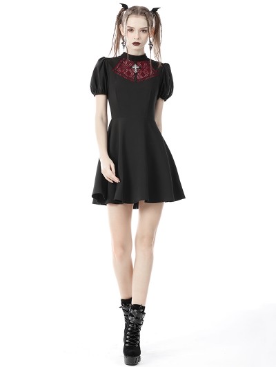 Dark in Love Black and Red Gothic Short Puff Sleeve Daily Wear Dress