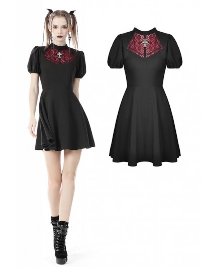 Dark in Love Black and Red Gothic Short Puff Sleeve Daily Wear Dress