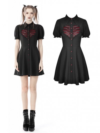 Dark in Love Black and Red Gothic Rope Heart Button Front Short Daily Wear Dress