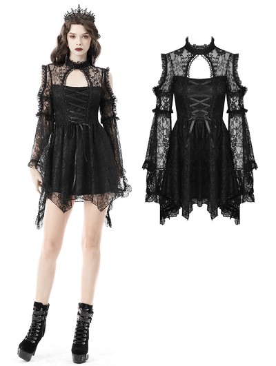 Dark in Love Black Gothic Hollow-Out Lace Long Bell Sleeves Mini Dress