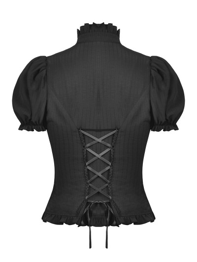 Dark in Love ストライプ ブラウス Dark in Love Black Retro Gothic Short Puff Sleeve Daily Wear