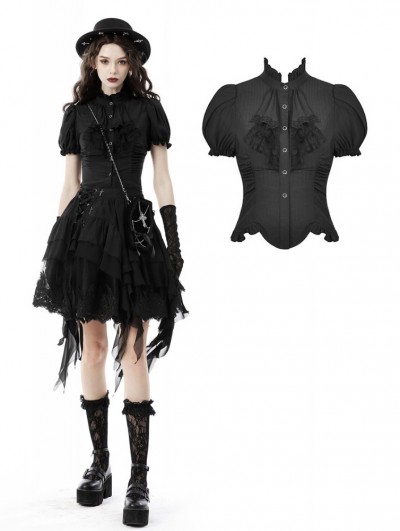 Dark in Love Black Retro Gothic Short Puff Sleeve Daily Wear Blouse for Women