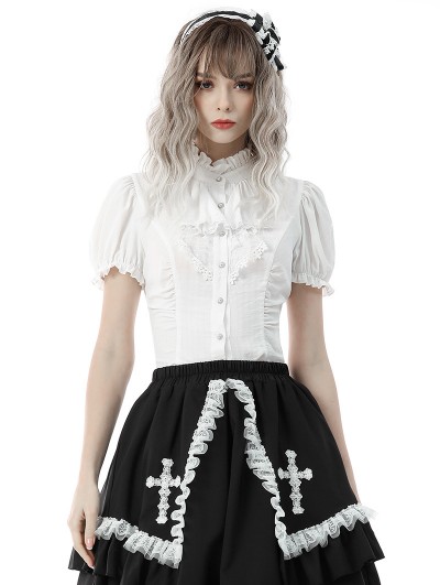 Dark in Love White Retro Gothic Short Puff Sleeve Daily Wear Blouse for Women