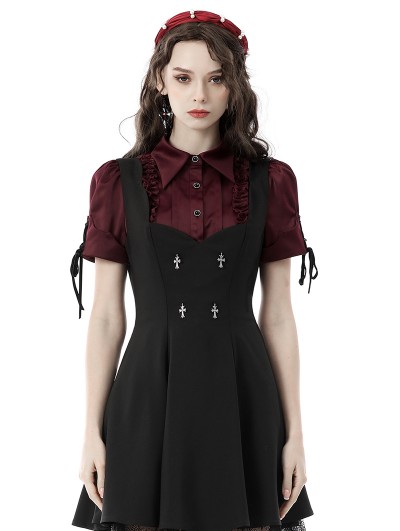 Dark in Love Wine Red Gothic Retro Elegant Short Puff Sleeve Blouse for Women