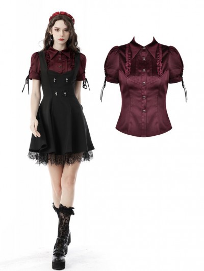 Dark in Love Wine Red Gothic Retro Elegant Short Puff Sleeve Blouse for Women