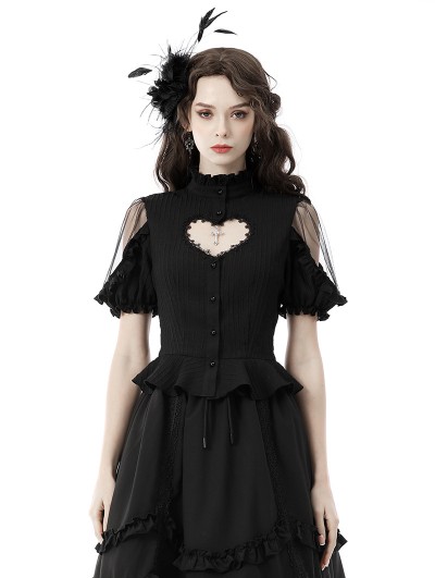 Dark in Love Black Gothic Sexy Heart Hollow-Out Short Sleeve Blouse for Women