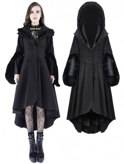 Dark in Love Black Gothic Lady Long Hooded Cocktail Winter Warm Coat With Detachabale Collar