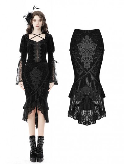 Dark in Love Black Elegant Gothic Vintage Velvet Jacquard Fishtail Lace Skirt