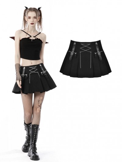 Dark in Love Black Gothic Punk Rock Chain Pleated Mini Skirt
