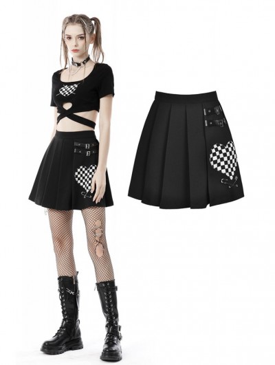 Dark in Love Black and White Gothic Punk Checkerboard Heart Pleated Short Skirt