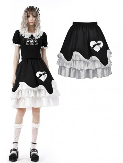 Dark in Love Black and White Gothic Lolita Frilly Bow Heart Short Skirt