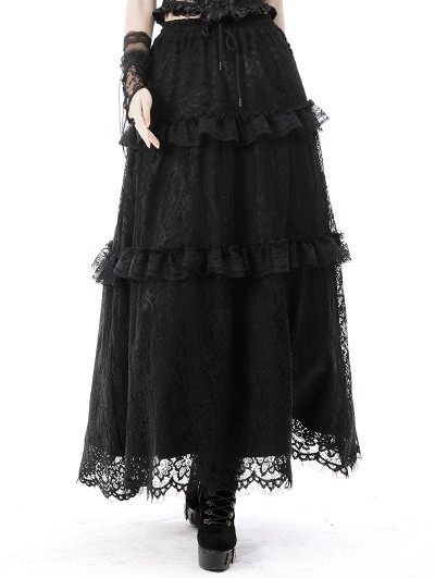 Dark in Love Black Gothic Vintage Ruffle Lace Long Skirt