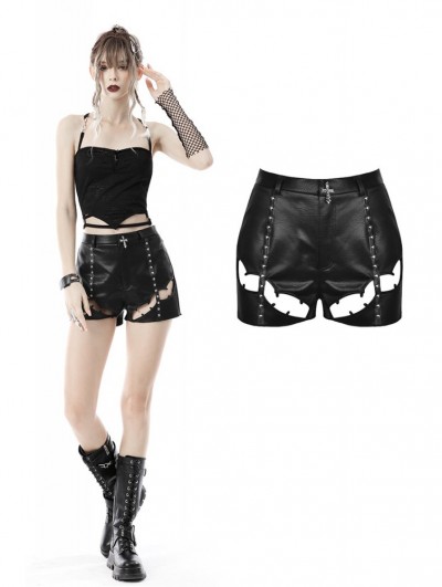 Dark in Love Black Gothic Punk PU Leather Hollow Out Sexy Short Pants for Women