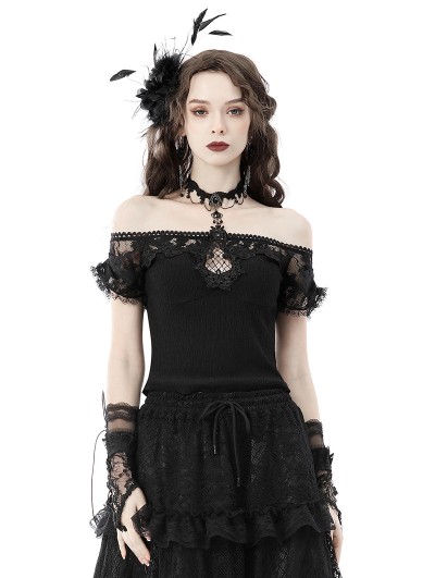 Dark in Love Black Gothic Lace Off-the-Shoulder Short Sleeve Top for Women
