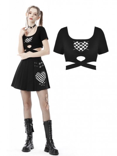 Dark in Love Black Gothic Grunge Checkered Heart Crop Top for Women