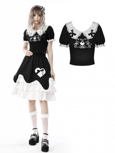 Dark in Love Black and White Gothic Lolita Two Little Bears Doll Top for Women