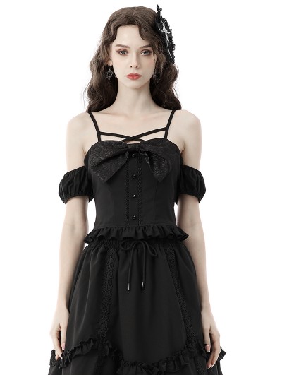 Dark in Love Black Cute Gothic Big Bowknot Off-the-Shoulder Top for Women