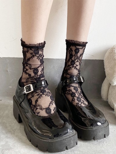 Black Gothic Lace Ruffle Cute Mid-Calf Socks