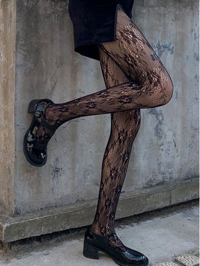 Black Gothic Sweet Lolita Floral Lace Knitted Tights