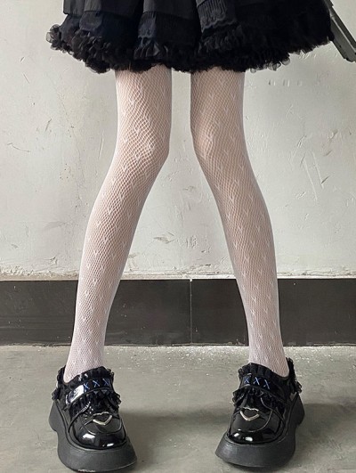 White Gothic Sexy Heart Pattern Fishnet Tights