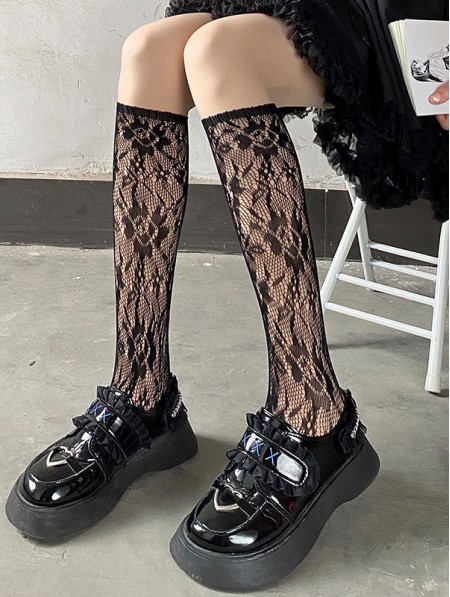 Black Gothic Sexy Floral Pattern Lace Knee Socks - DarkinCloset.com
